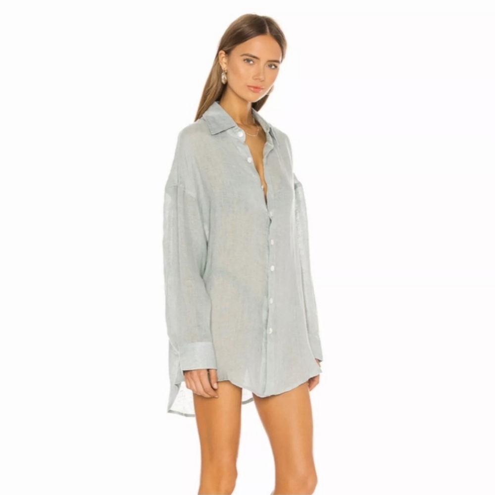 Vitamin A Playa Vee Linen Coverup Shirt in Wheatgrass